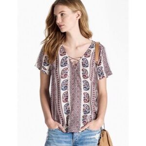💕New Lucky Brand Patriotic Peasant Blouse Top Lace Up S